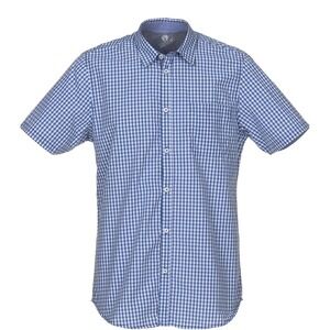 NWT Chef Works Men's Small Short Sleeve Blue Checkered Button Up Collared Shirt